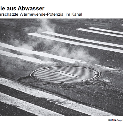 Deckblatt der PDF-Präsentation "Energie aus Abwasser": Zebrastreifen in schwarzweiß mit einen Gullydeckel.