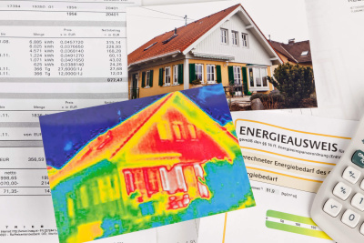 Ein Foto, Energieausweis, Wärmebild und Heizkostenabrechnung von einem älteren Haus.