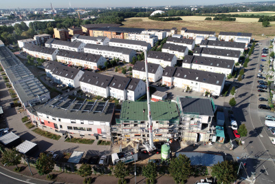 Contracting im Quartier: Luftaufnahme von mehreren Wohnkomplexen.