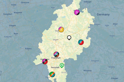 Interaktive Hessenkarte mit Erfolgsgeschichten aus dem Bereich Erneuerbare Energien in Hessen